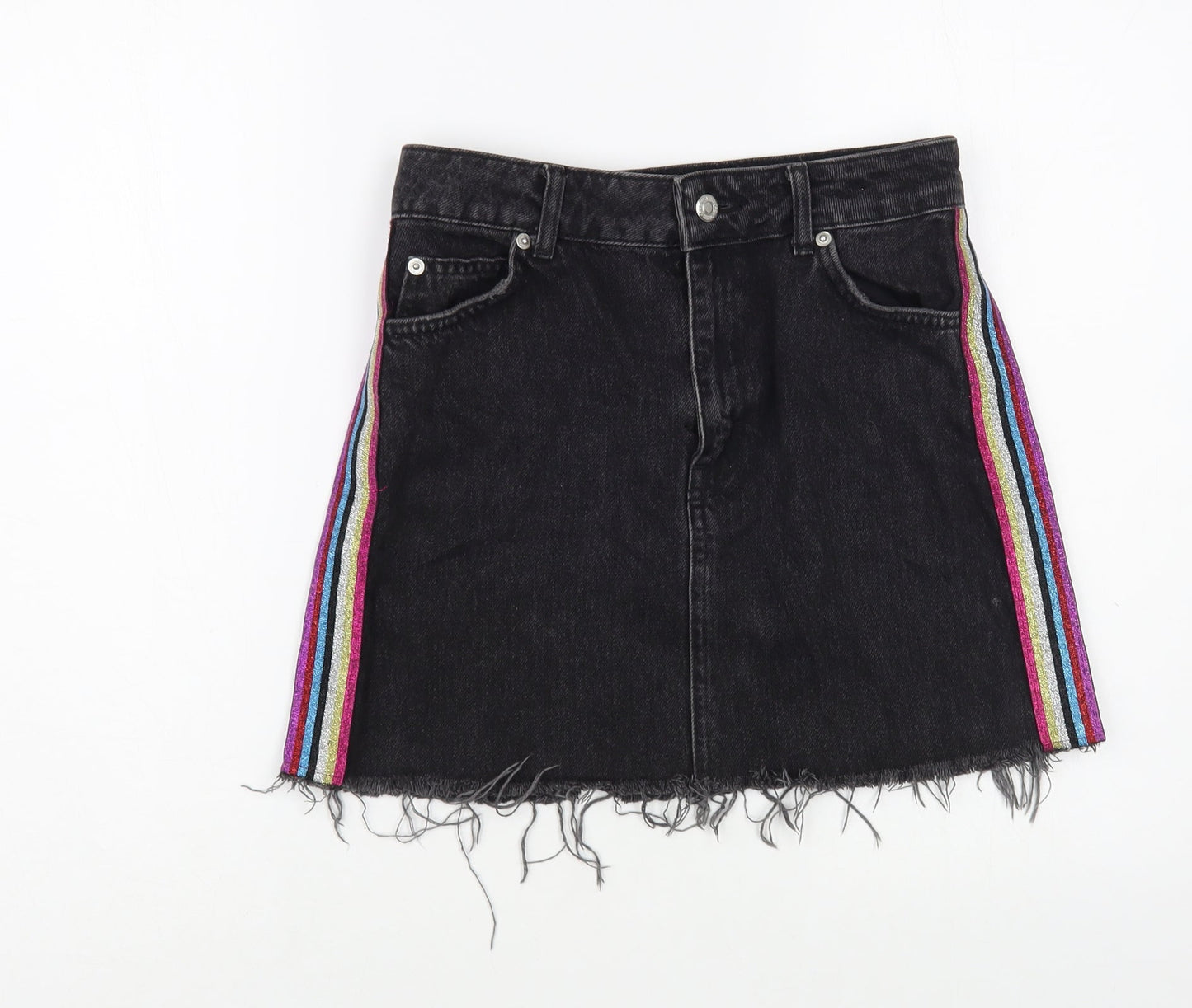 Topshop Womens Black  Cotton Mini Skirt Size 8   Button - Side Stripe