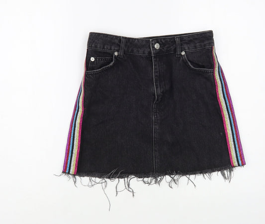 Topshop Womens Black  Cotton Mini Skirt Size 8   Button - Side Stripe
