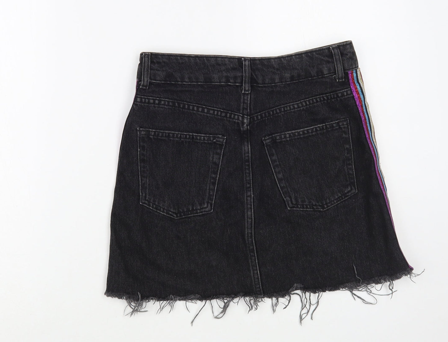 Topshop Womens Black  Cotton Mini Skirt Size 8   Button - Side Stripe