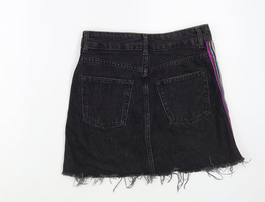 Topshop Womens Black  Cotton Mini Skirt Size 8   Button - Side Stripe