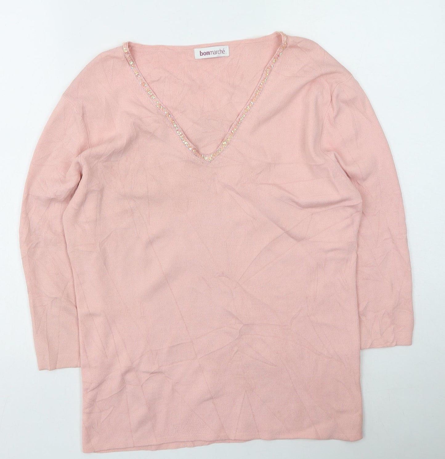 Bonmarché Womens Pink V-Neck  Viscose Pullover Jumper Size M