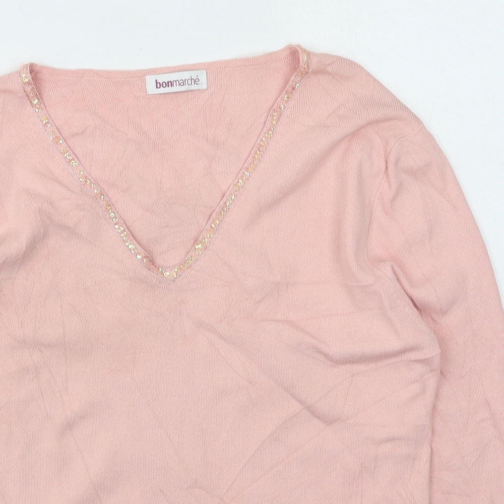 Bonmarché Womens Pink V-Neck  Viscose Pullover Jumper Size M