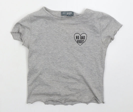 Denim Co Girls Grey  Cotton Basic T-Shirt Size 10-11 Years Crew Neck Pullover - No Bad Vibes