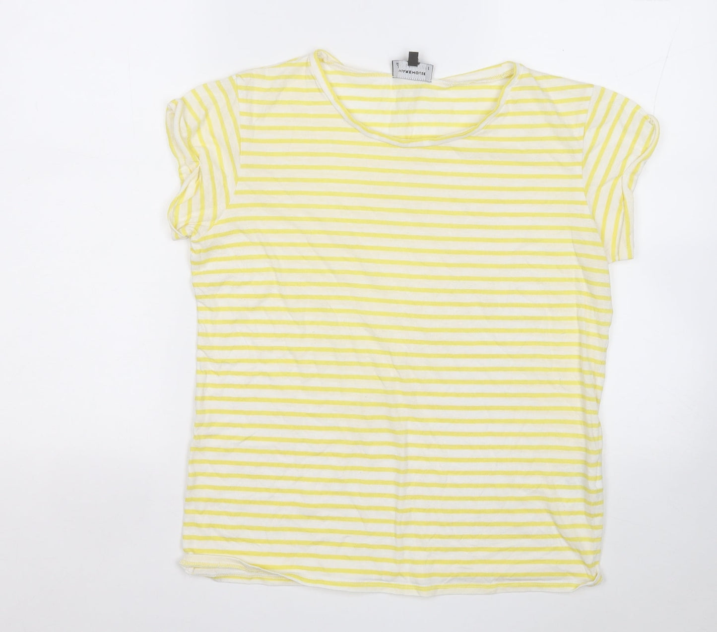 Warehouse Womens Yellow Striped Cotton Basic T-Shirt Size 12 Round Neck