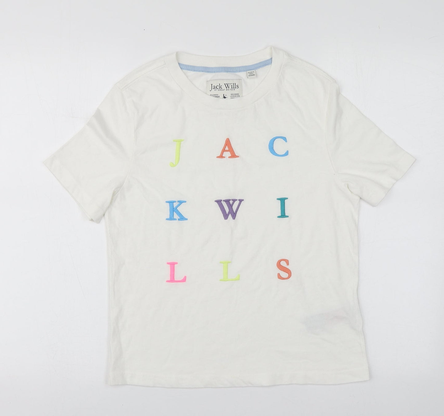 Jack Wills Womens White Geometric Cotton Basic T-Shirt Size 8 Round Neck