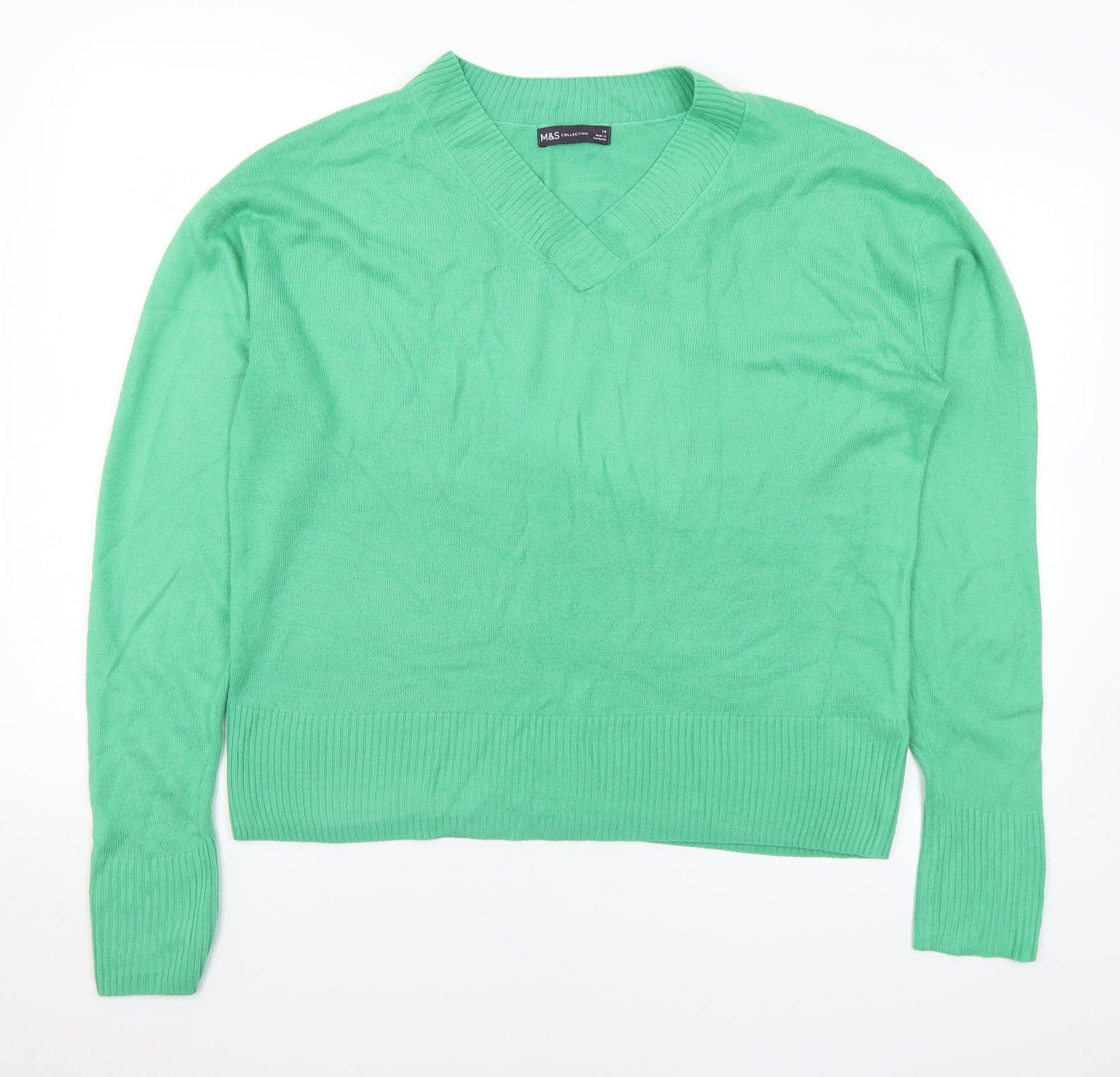 Marks and Spencer Womens Green V-Neck Acrylic Pullover Jumper Size 14