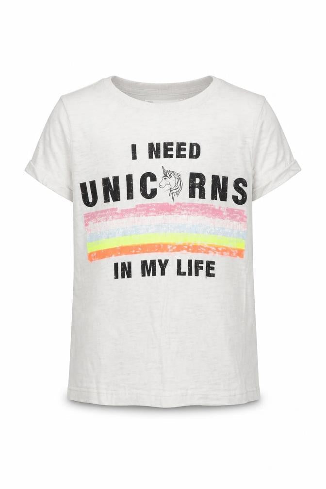 Marks and Spencer Girls White Cotton Basic T-Shirt Size 6-7 Years Round Neck - Unicorn