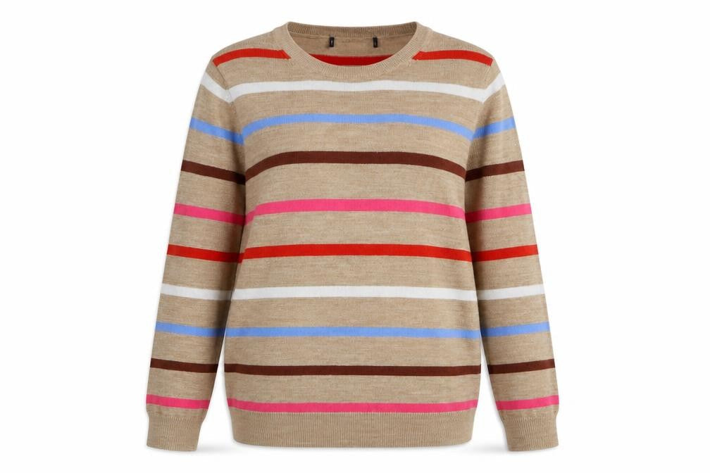 Marks and Spencer Womens Beige Round Neck Striped Acrylic Pullover Jumper Size 10
