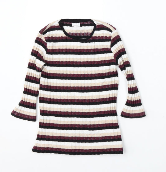 F&F Kids Girls Multicoloured Round Neck Striped Polyester Pullover Jumper Size 10-11 Years