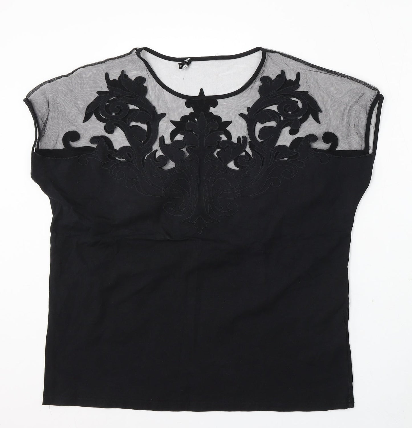 Leo Guy Womens Black Floral Cotton Basic Blouse Size 6 Round Neck