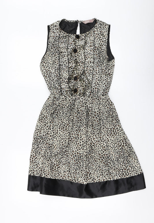 A wear Womens Brown Animal Print Polyester Skater Dress Size 10 Round Neck