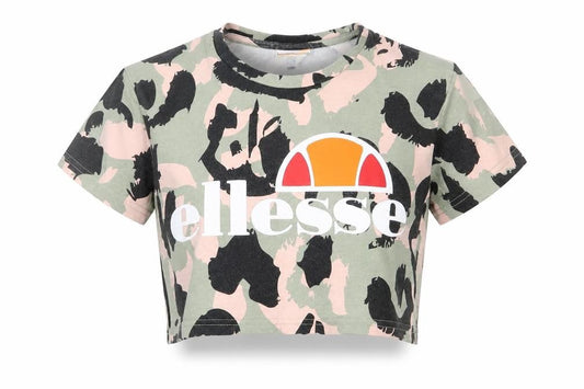 ellesse Womens Green Camouflage 100% Cotton Cropped T-Shirt Size 4 Crew Neck