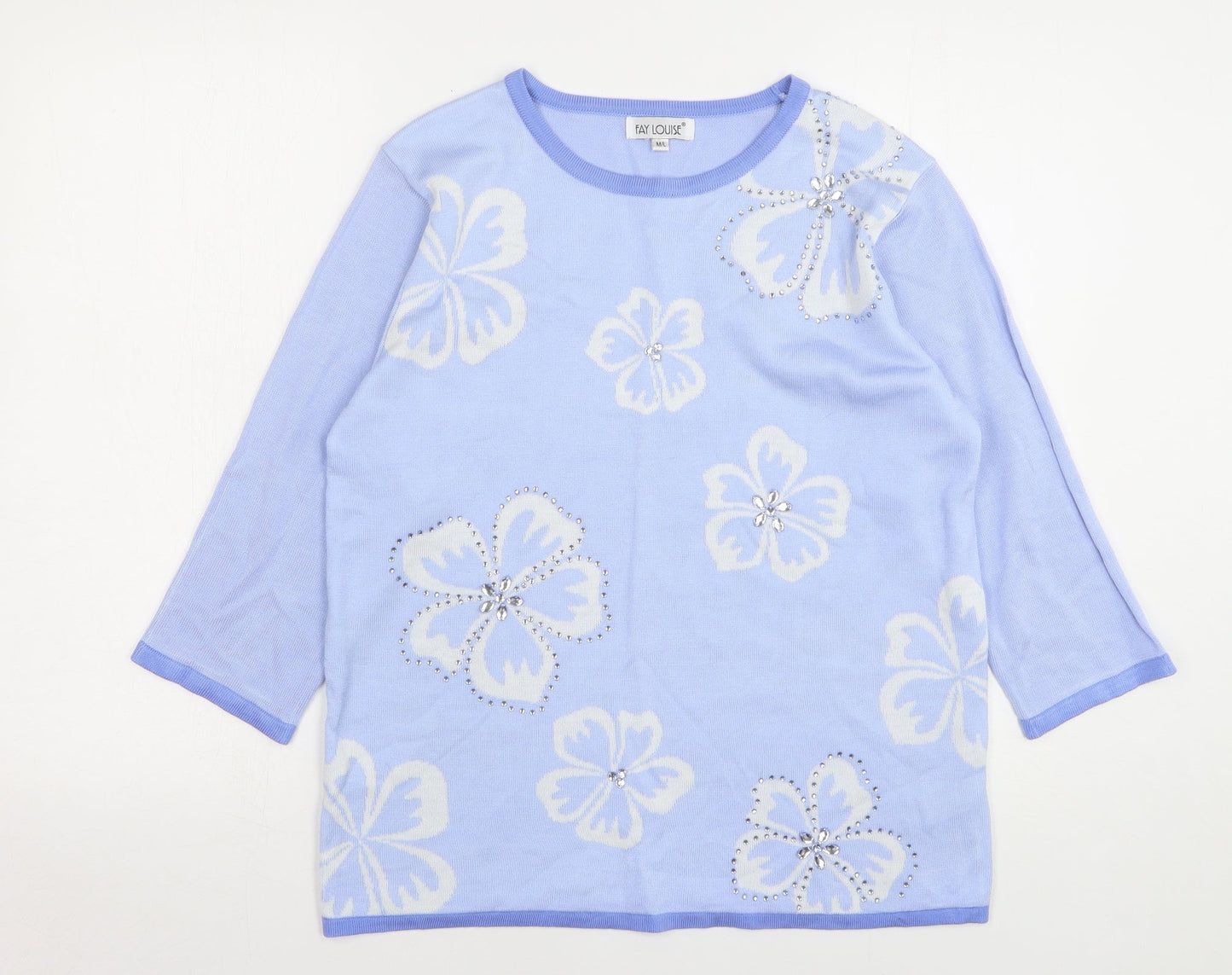 Fay Louise Womens Blue Round Neck Floral Acrylic Pullover Jumper Size M