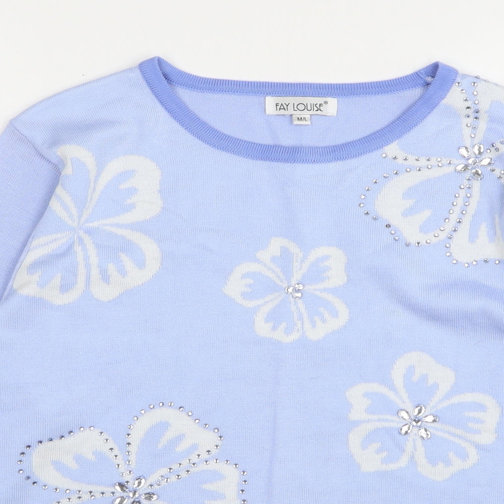 Fay Louise Womens Blue Round Neck Floral Acrylic Pullover Jumper Size M