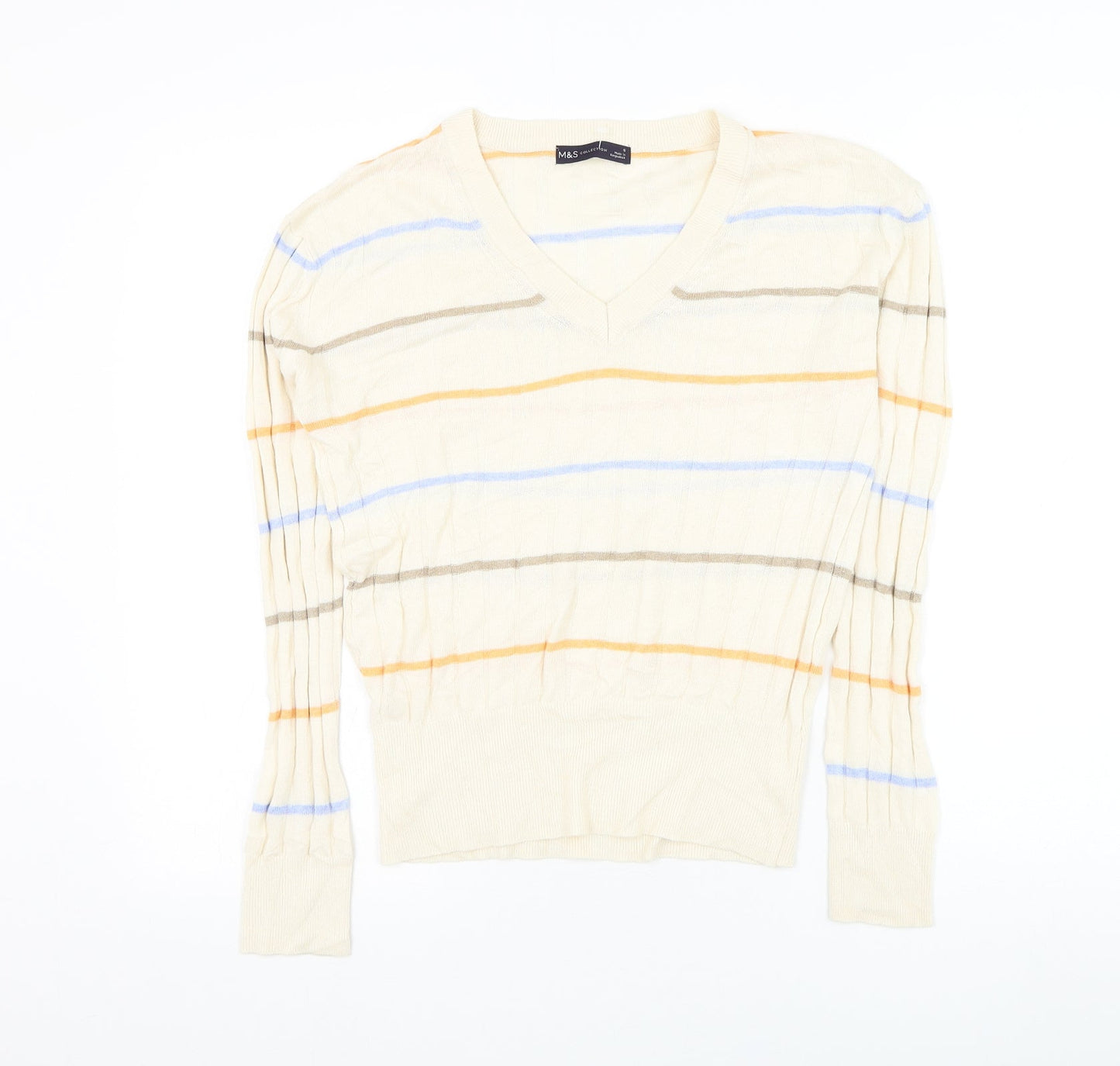 Marks and Spencer Womens Beige V-Neck Striped Polyester Pullover Jumper Size S