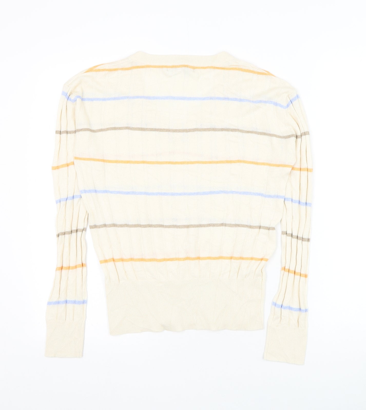 Marks and Spencer Womens Beige V-Neck Striped Polyester Pullover Jumper Size S