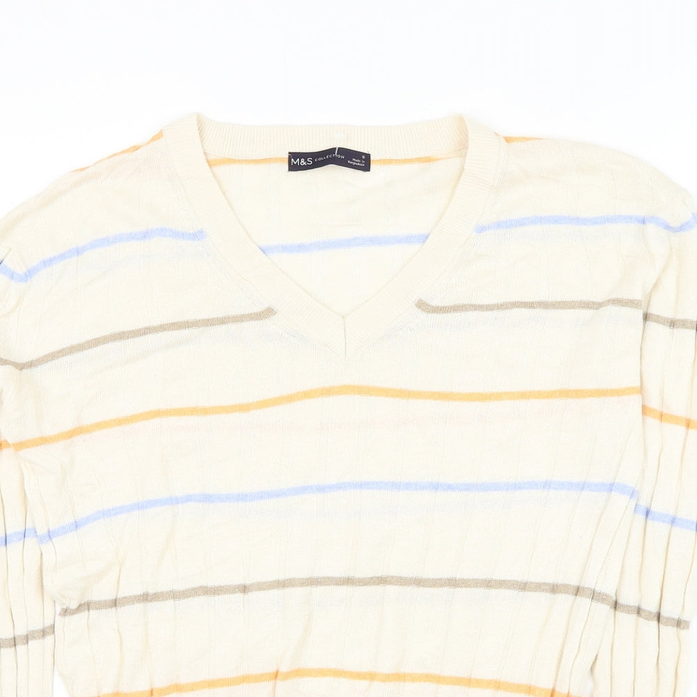 Marks and Spencer Womens Beige V-Neck Striped Polyester Pullover Jumper Size S