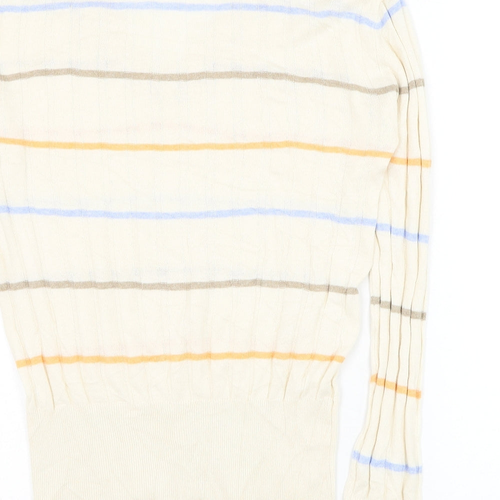 Marks and Spencer Womens Beige V-Neck Striped Polyester Pullover Jumper Size S
