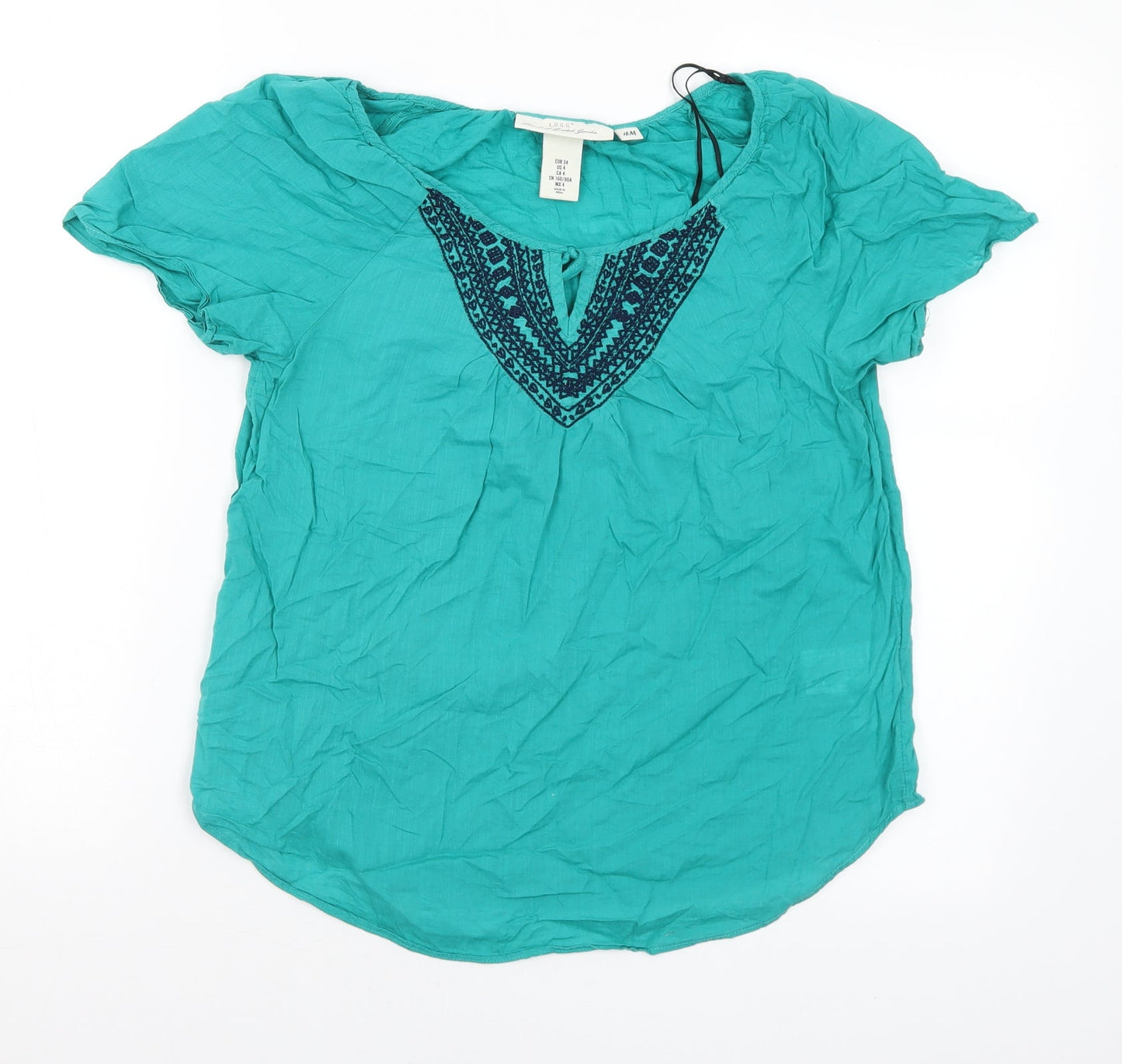 H&M Womens Green Geometric Cotton Basic Blouse Size 6 Round Neck