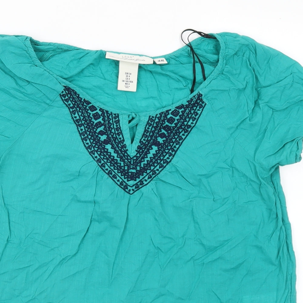 H&M Womens Green Geometric Cotton Basic Blouse Size 6 Round Neck