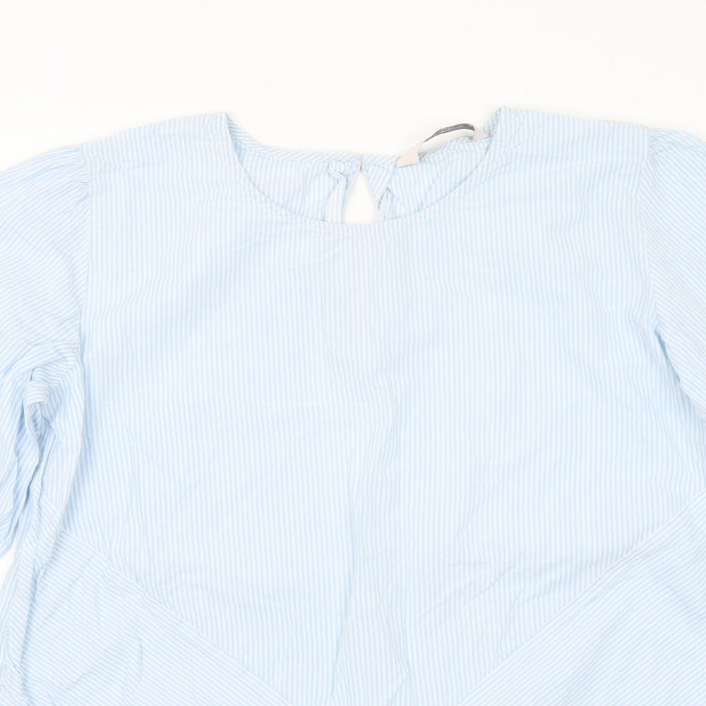 Part Two Womens Blue Striped Cotton Basic Blouse Size M Round Neck