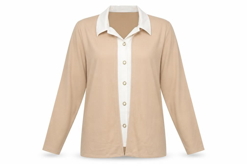 Made in England Womens Beige Polyester Basic Button-Up Size L Collared