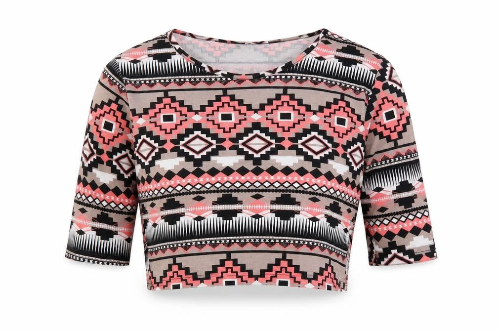 Internationale Womens Multicoloured Geometric Viscose Cropped T-Shirt Size L Round Neck