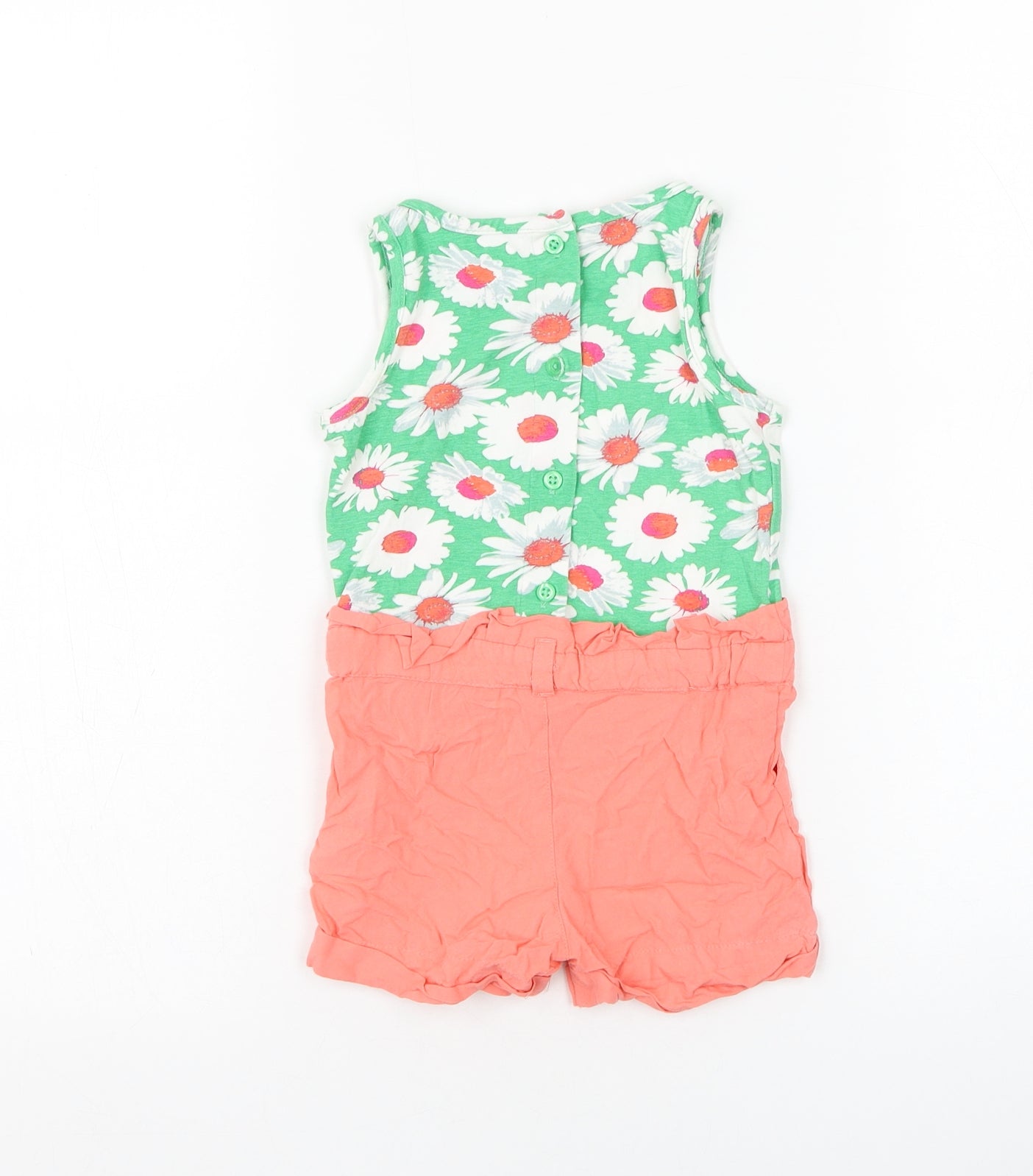 Preworn Girls Green Floral Cotton Romper One-Piece Size 12-18 Months Button
