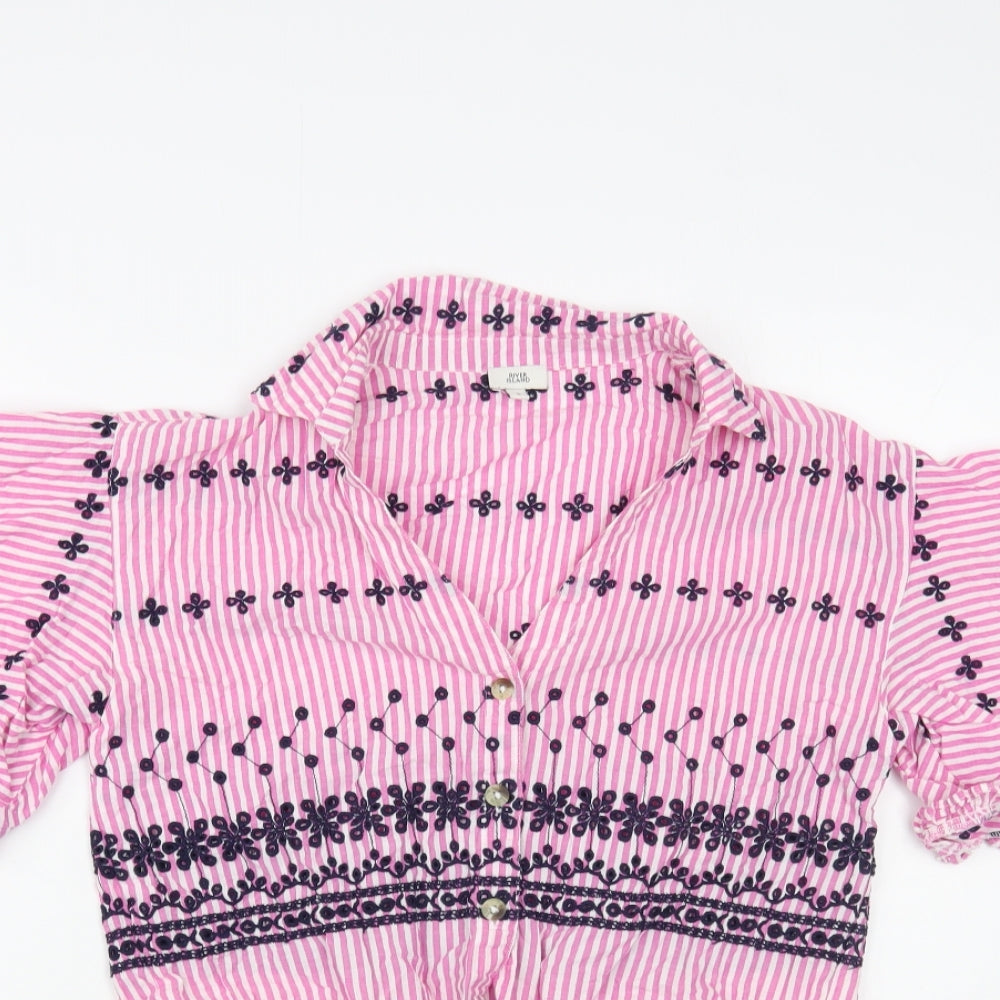 River Island Womens Pink Striped Cotton Cropped Button-Up Size 8 Collared