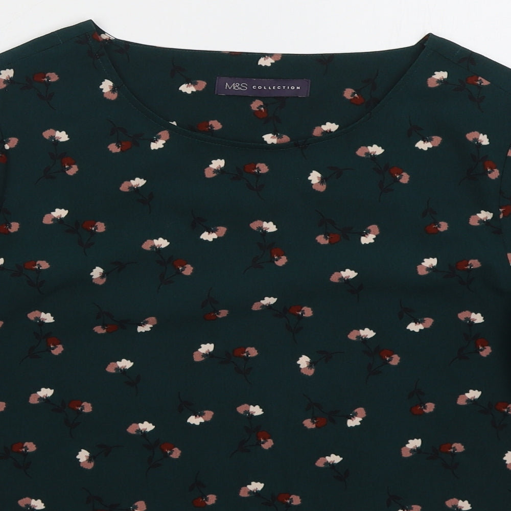Marks and Spencer Womens Green Floral Polyester Basic Blouse Size 8 Round Neck