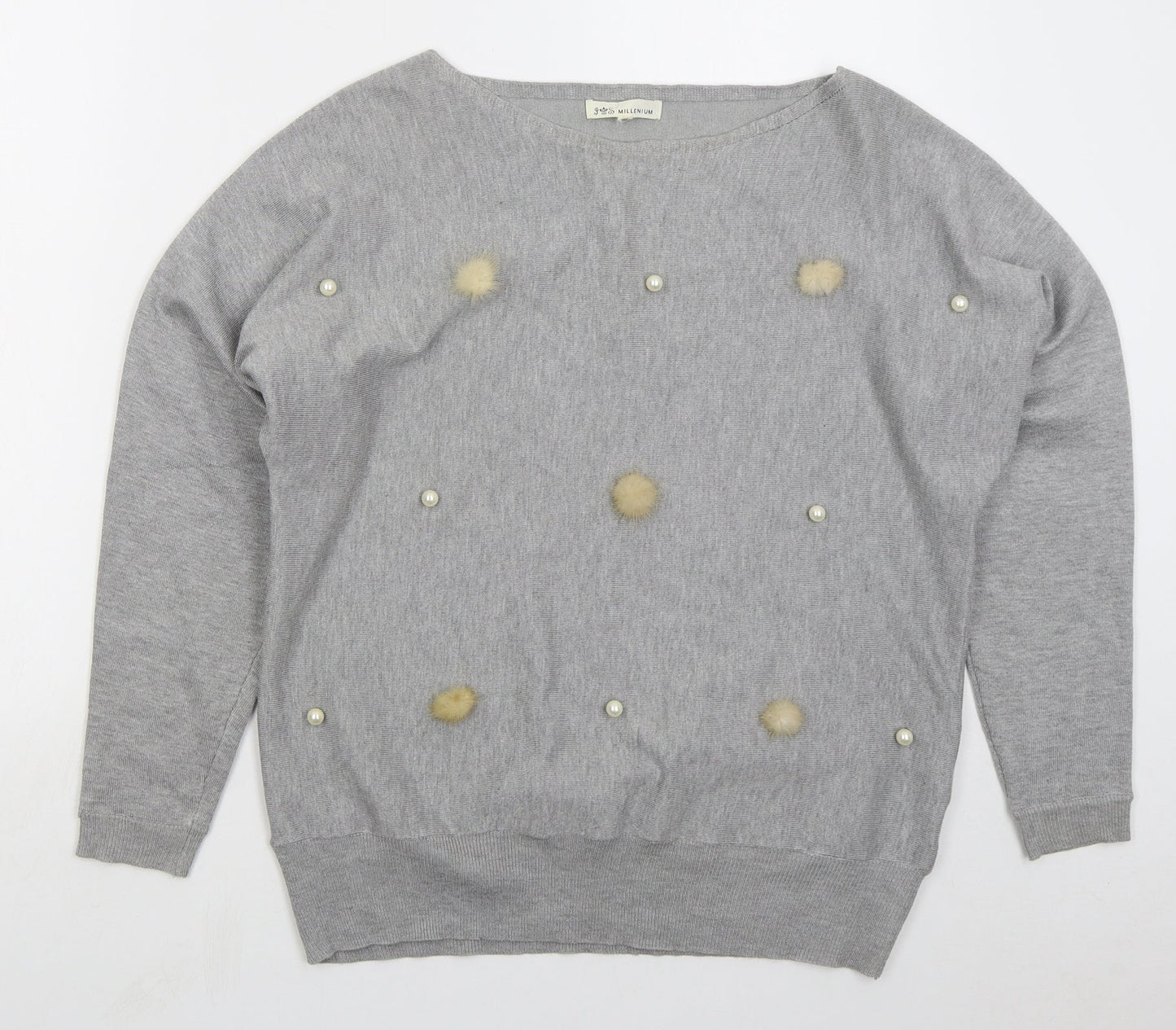 Millenium Womens Grey Boat Neck Viscose Pullover Jumper Size M - Pom Pom