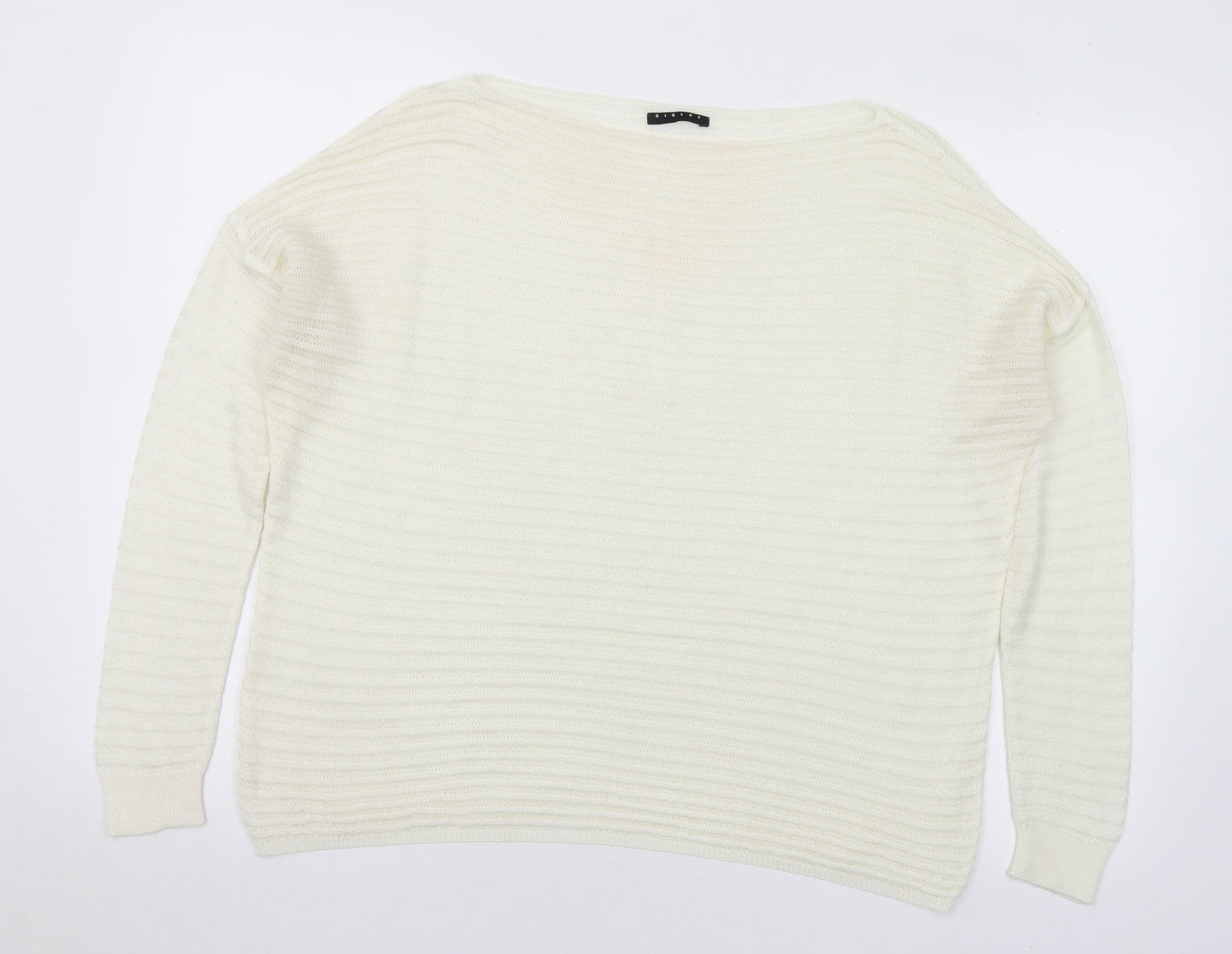Sisley Womens White Boat Neck Striped Acrylic Pullover Jumper Size L - Sheer