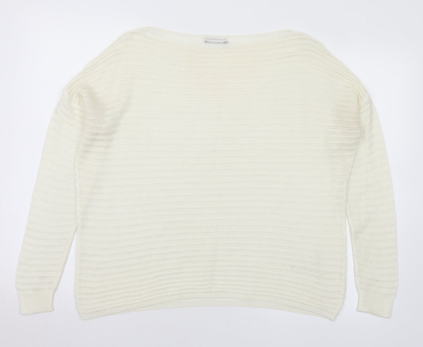 Sisley Womens White Boat Neck Striped Acrylic Pullover Jumper Size L - Sheer