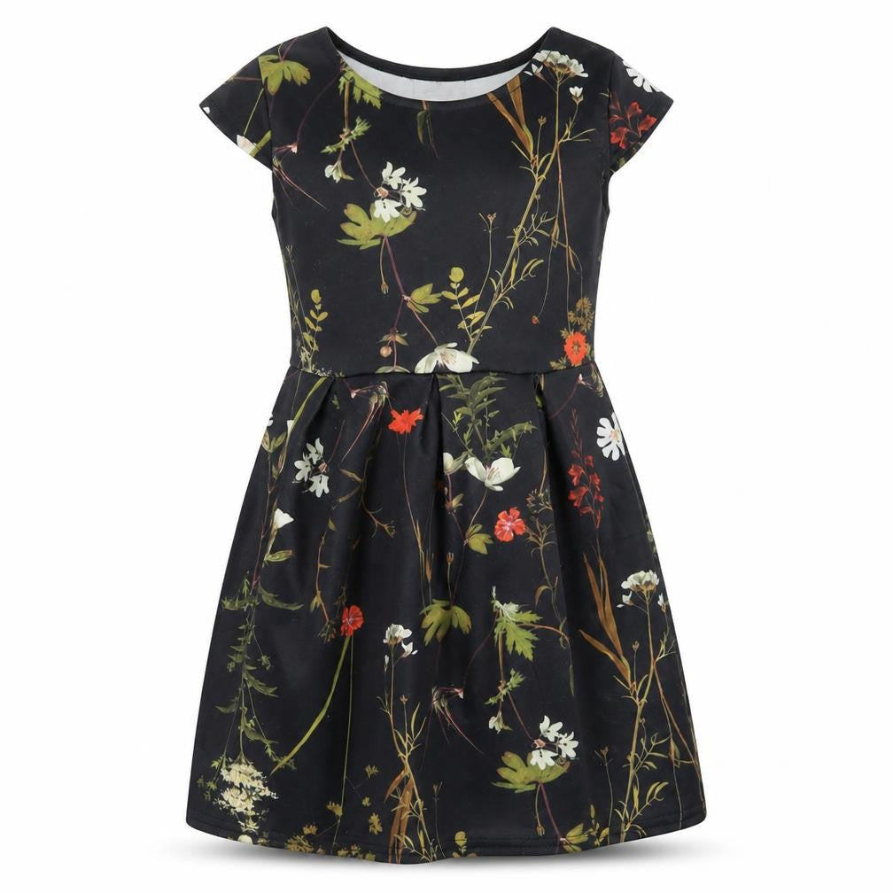 Want That Trend Girls Black Floral Polyester Skater Dress Size 6-7 Years Round Neck Pullover