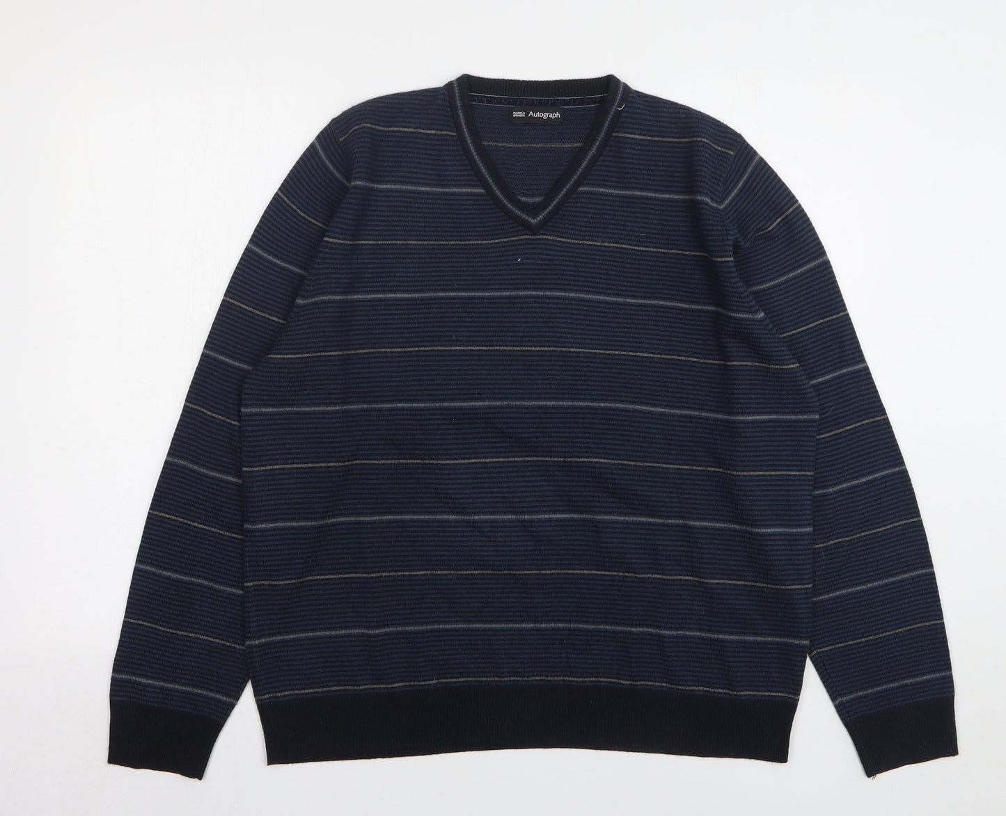 Autograph Womens Blue V-Neck Striped Acrylic Pullover Jumper Size L