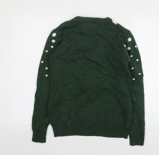 Cedar Wood State Mens Green Round Neck Polka Dot Polyester Pullover Jumper Size S - Christmas