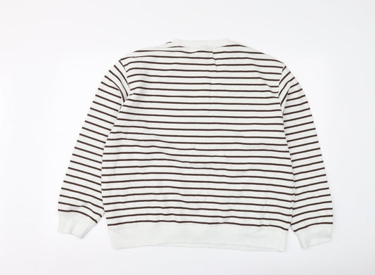 New Look Womens White Striped Cotton Pullover Hoodie Size L