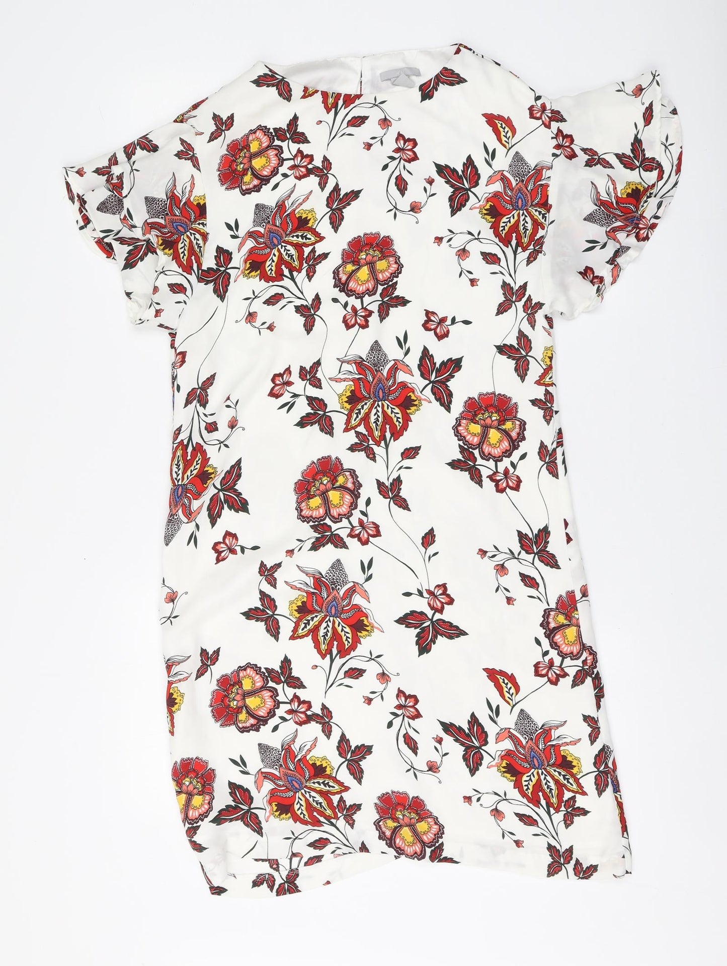 H&M Womens White Floral Polyester A-Line Size 8 Round Neck