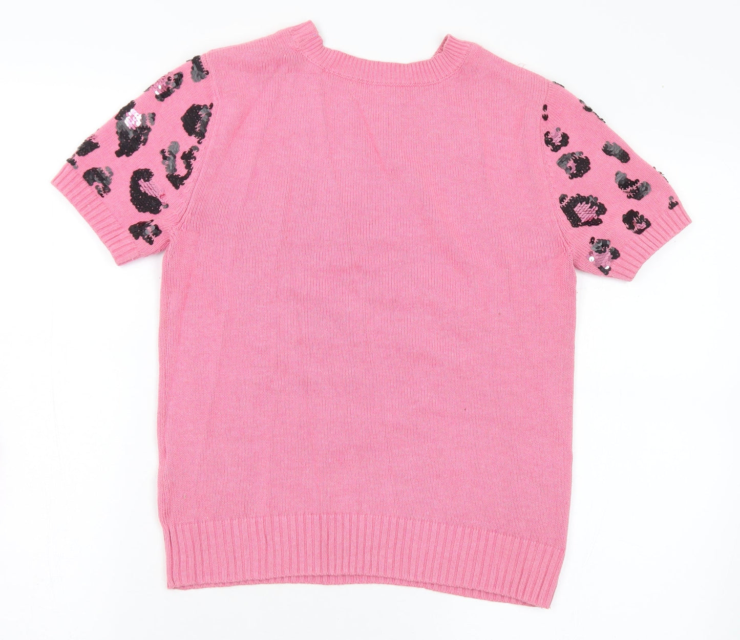 Marks and Spencer Womens Pink Crew Neck Animal Print Polyester Pullover Jumper Size 10