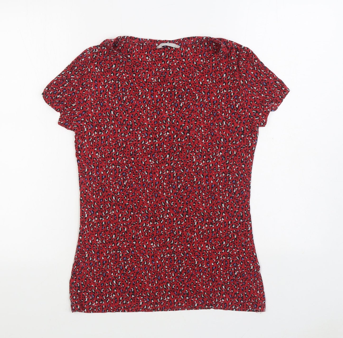 Marks and Spencer Womens Red Animal Print Viscose Basic T-Shirt Size 10 Boat Neck