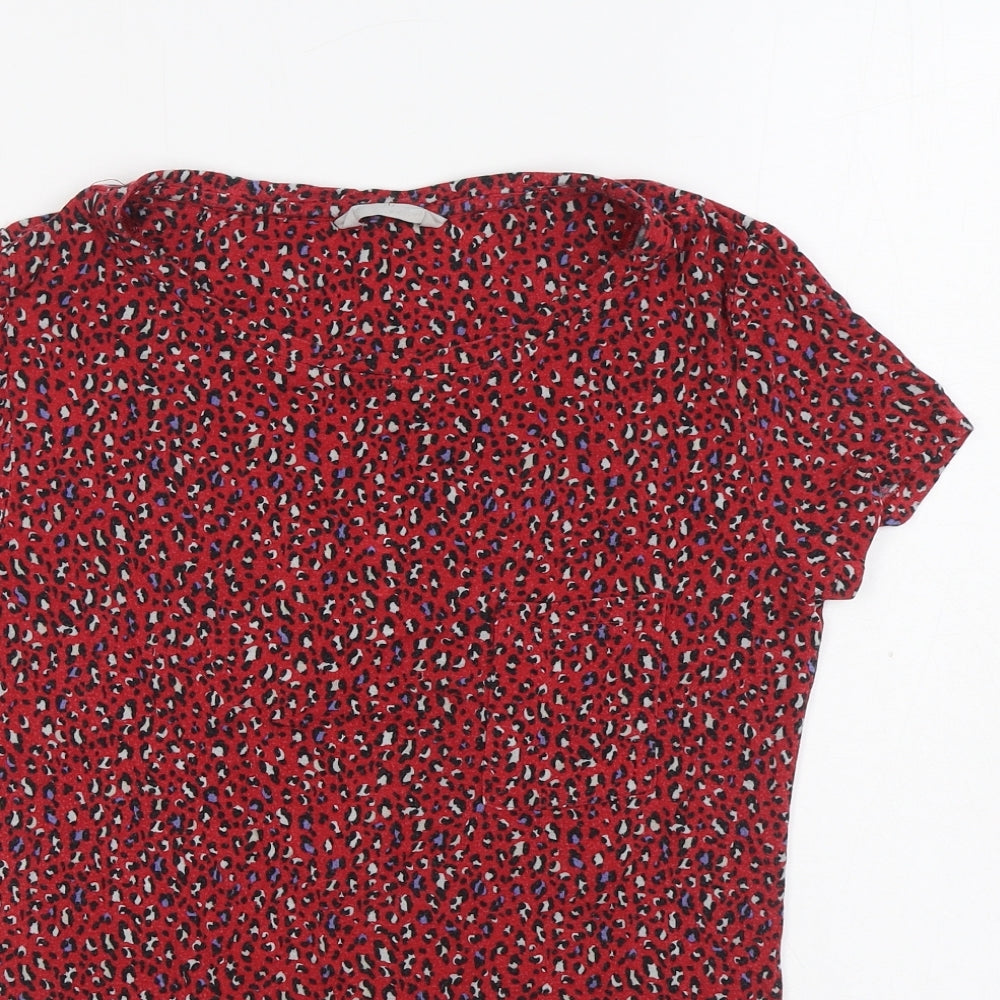 Marks and Spencer Womens Red Animal Print Viscose Basic T-Shirt Size 10 Boat Neck