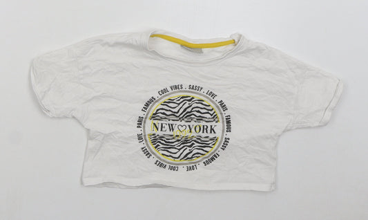 Matalan Girls White Cotton Cropped T-Shirt Size 9 Years Crew Neck Pullover - New York