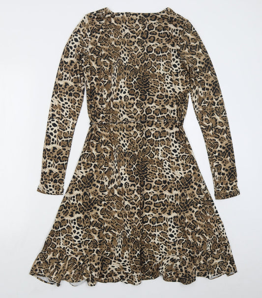 Sosandar Womens Beige Animal Print Polyester Skater Dress Size 8 V-Neck Pullover