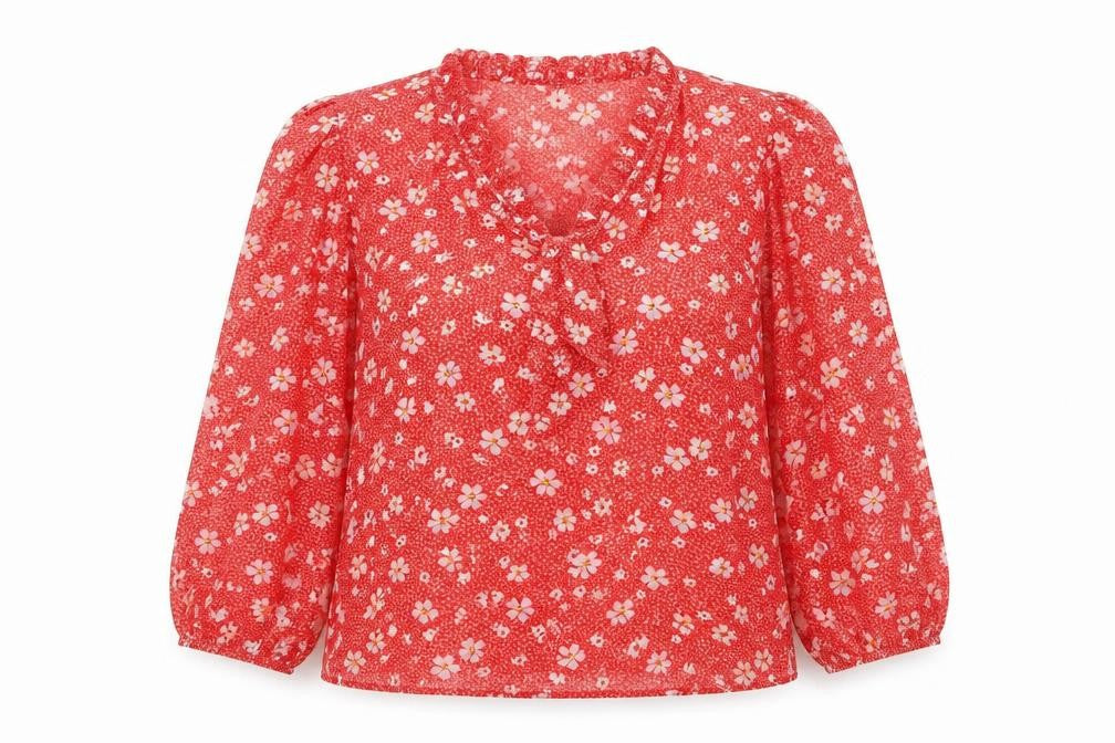 Only Womens Red Floral Polyester Basic Blouse Size L Round Neck