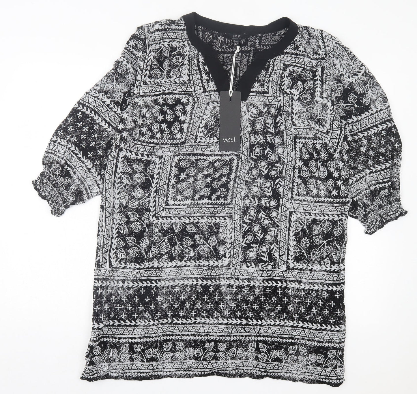 Yest Womens Black Geometric Polyester A-Line Size 10 V-Neck Pullover