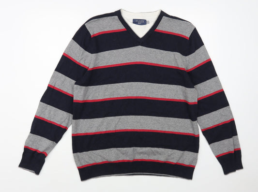 Atlantic Bay Mens Grey V-Neck Striped Cotton Pullover Jumper Size L