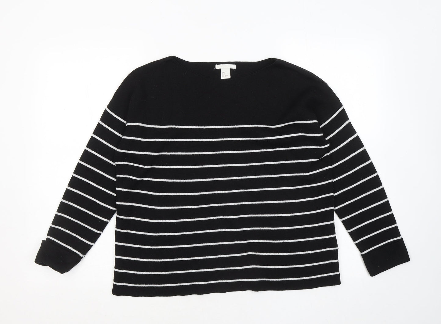 H&M Womens Black Round Neck Striped Polyester Pullover Jumper Size S