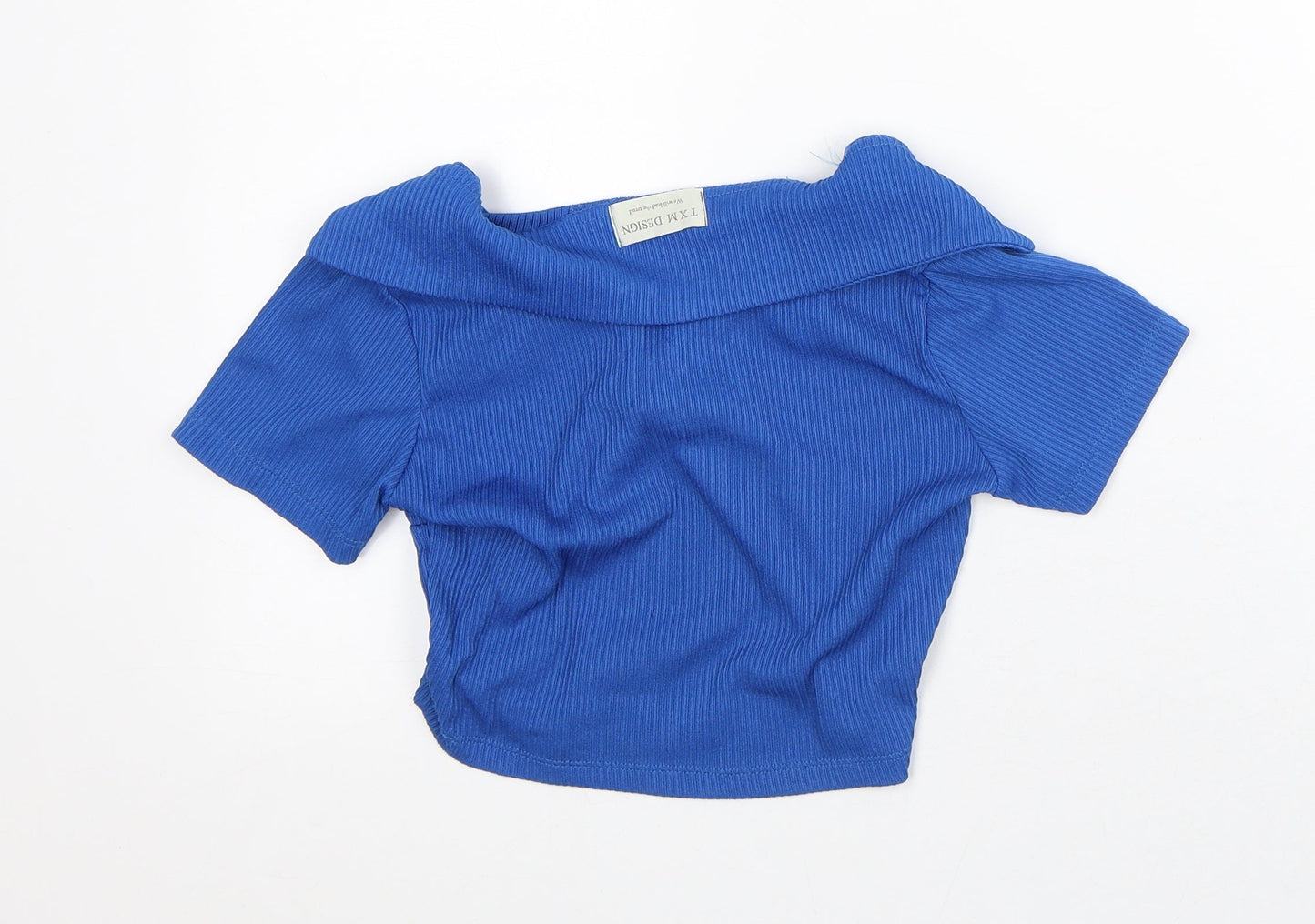 TXM Womens Blue Polyester Cropped T-Shirt Size S Collared