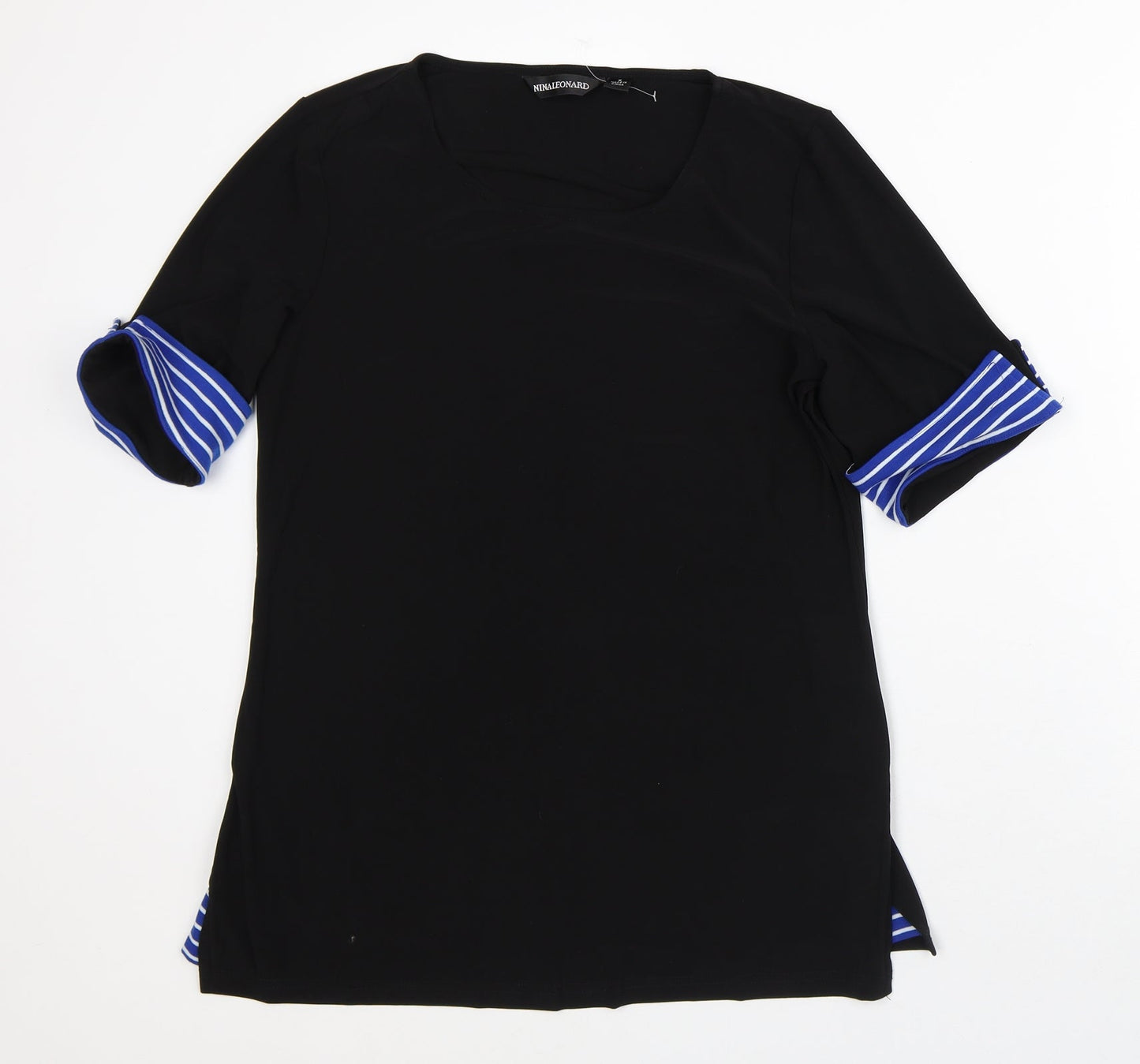 Nina Leonard Womens Black Striped Polyester Basic T-Shirt Size M Round Neck