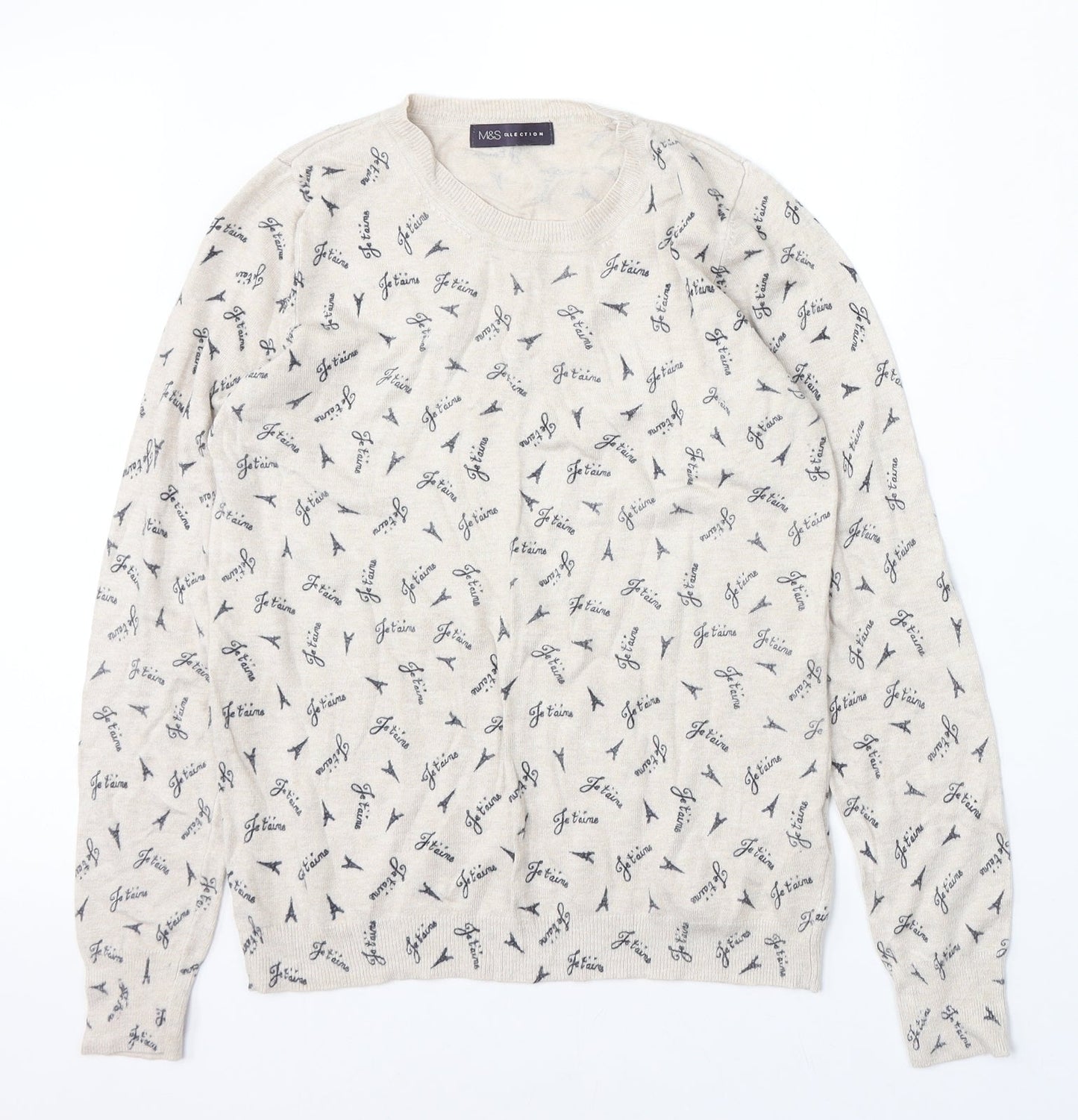Marks and Spencer Womens Beige Round Neck Geometric Viscose Pullover Jumper Size 12